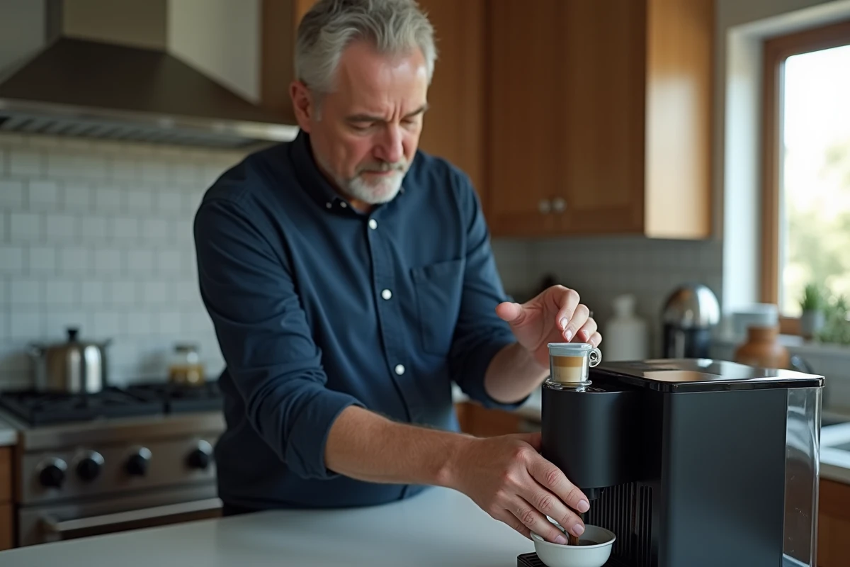 Homme insérant un pod de café dans une machine à café moderne