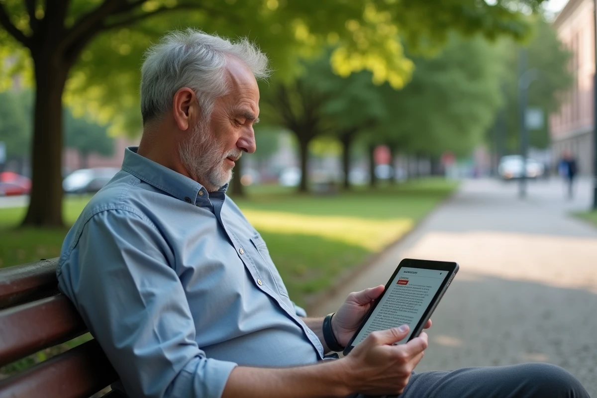 Homme lisant une bibliothèque de magazines sur tablette dans un parc
