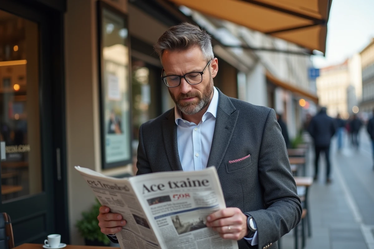 Homme d age lisant un journal dans un cafe urbain