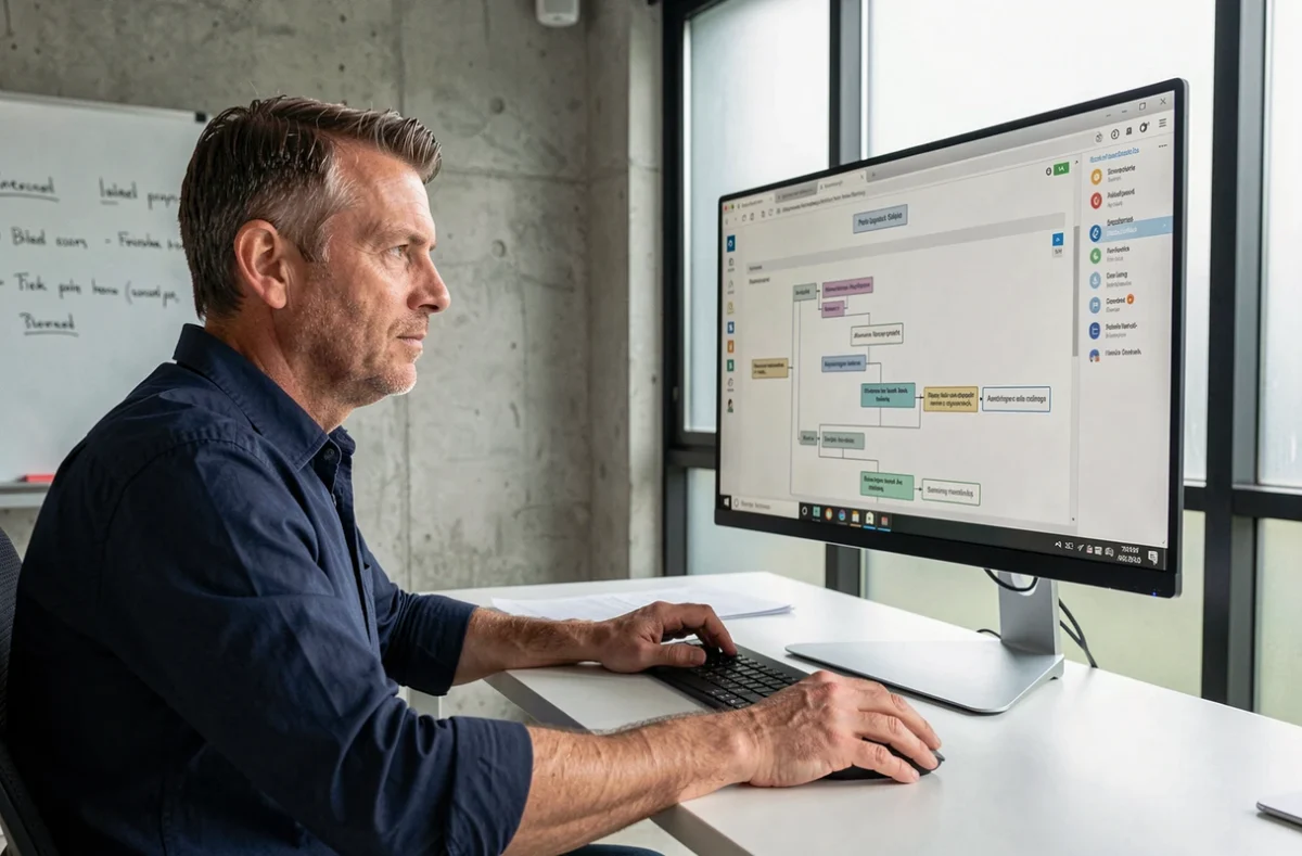 Homme naviguant sur un sitemap de site web affiché sur un grand écran de bureau