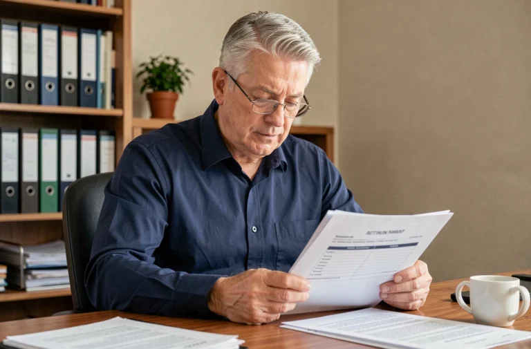Homme de 58 ans consultant des documents de planification retraite à son bureau à domicile