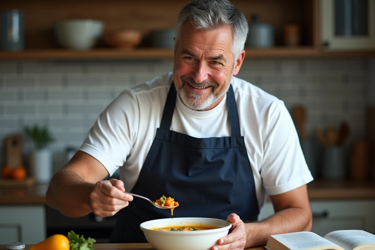 Homme servant une soupe maison dans un bol en céramique dans une cuisine domestique réaliste