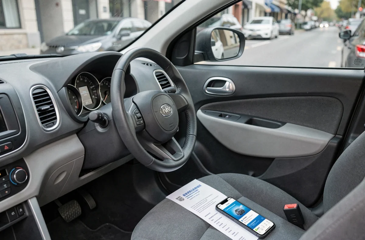 Intérieur d'une voiture avec un certificat d'assurance auto et un smartphone affichant une comparaison de tarifs