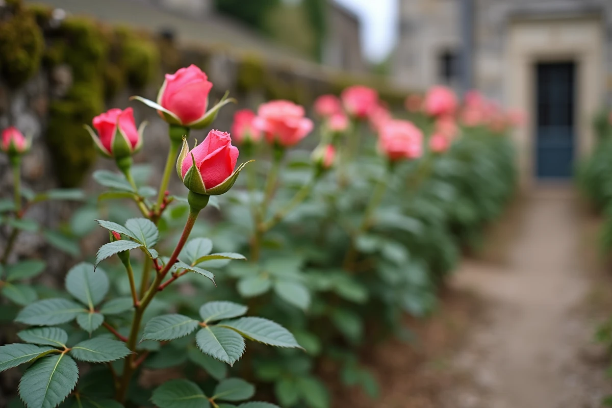 Jardin de rosiers au printemps avec plusieurs yeux de rosiers qui s'éveillent en bourgeons rouges et verts le long d'une bordure en pierre rustique
