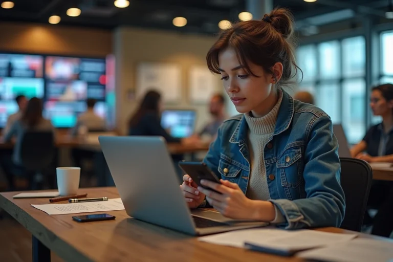 Jeune femme au bureau lisant des sources d'actualite