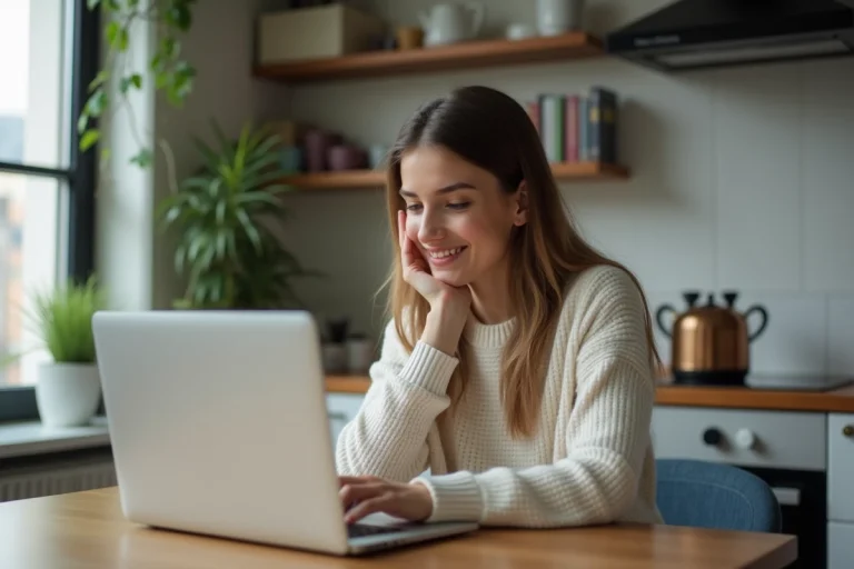 Jeune femme résolvant un puzzle sur son ordinateur portable