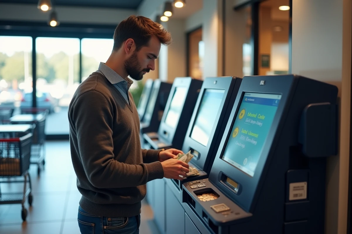 Jeune homme comptant ses euros au kiosque de depot