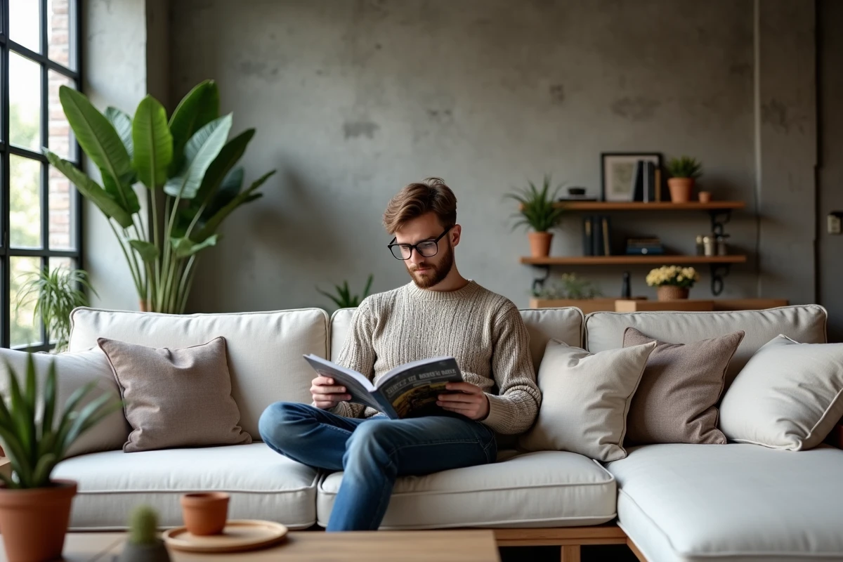 Jeune homme relaxant sur un canapé en loft contemporain