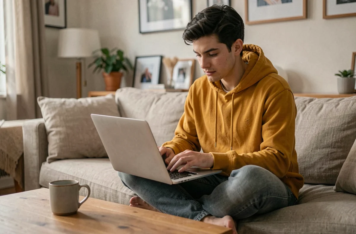 Jeune personne consultant la page sitemap d'un site web depuis son canapé avec un ordinateur portable