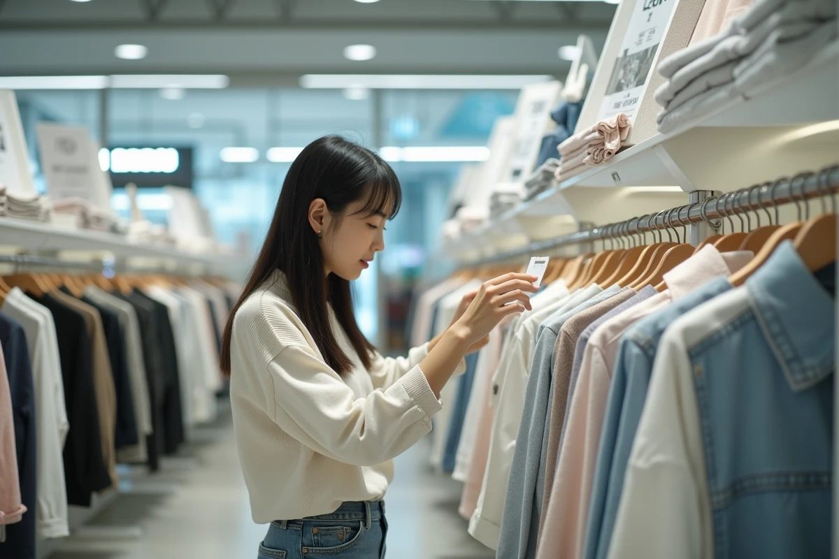 Jeune femme japonaise examinant une étiquette de prix dans un magasin Zara de Tokyo, comparaison des prix Zara au Japon