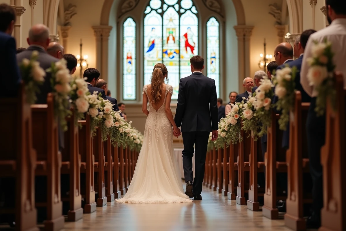 Couple en mariage dans une église ancienne avec invités