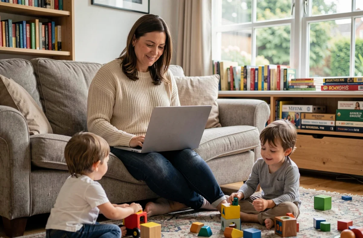 Mère de famille nombreuse participant à un forum en ligne depuis son salon avec ses enfants