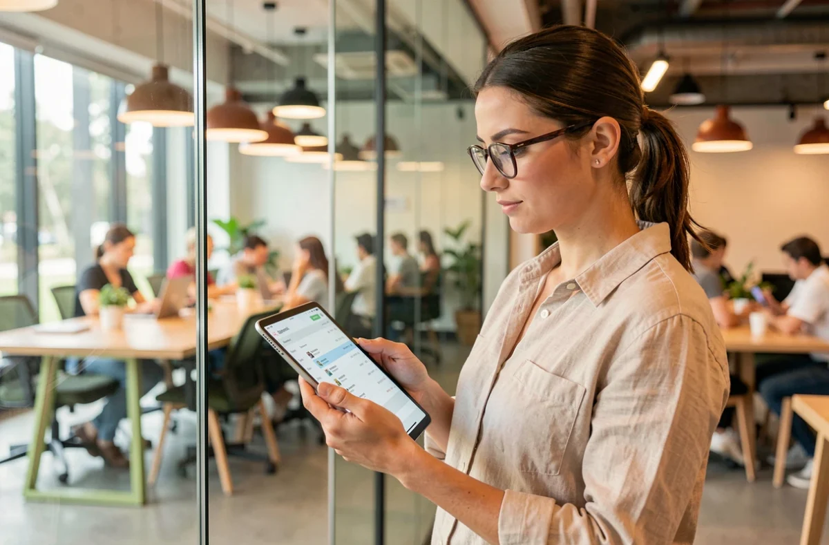 Jeune femme consultant sa messagerie Alice Zimbra sur une tablette dans un espace de coworking moderne