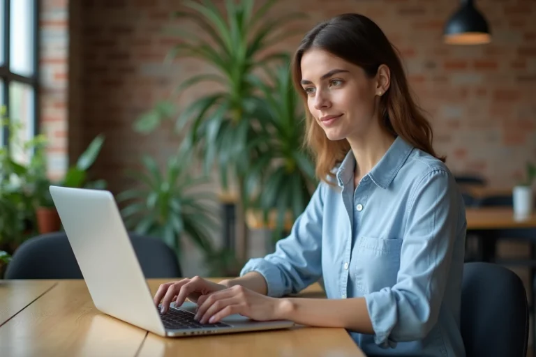 Femme naviguant sur le plan du site d'un laboratoire digital depuis un ordinateur portable dans un espace de co-working moderne