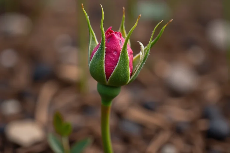 Gros plan sur un œil de rosier dormant au printemps, montrant un bourgeon bien formé sur une tige lisse avec des gouttes de rosée