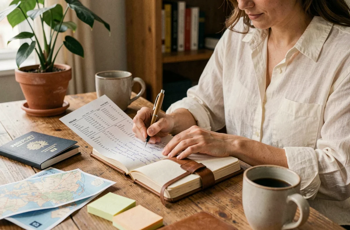 Femme organisant son voyage à la maison avec un journal, un passeport et des cartes imprimées sur un bureau en bois