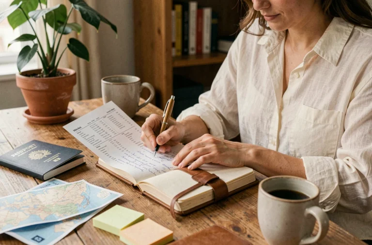 Femme organisant son voyage à la maison avec un journal, un passeport et des cartes imprimées sur un bureau en bois