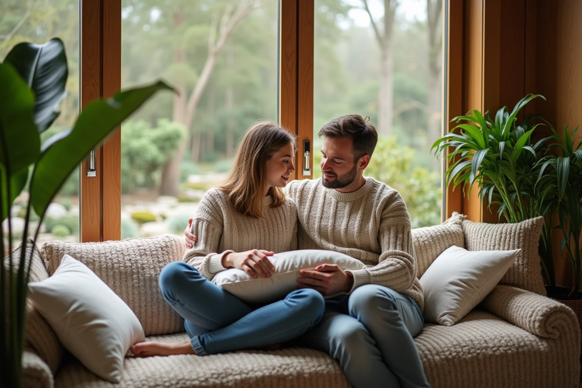 Père et fille en pulls douillets arrangeant coussins dans une véranda lumineuse