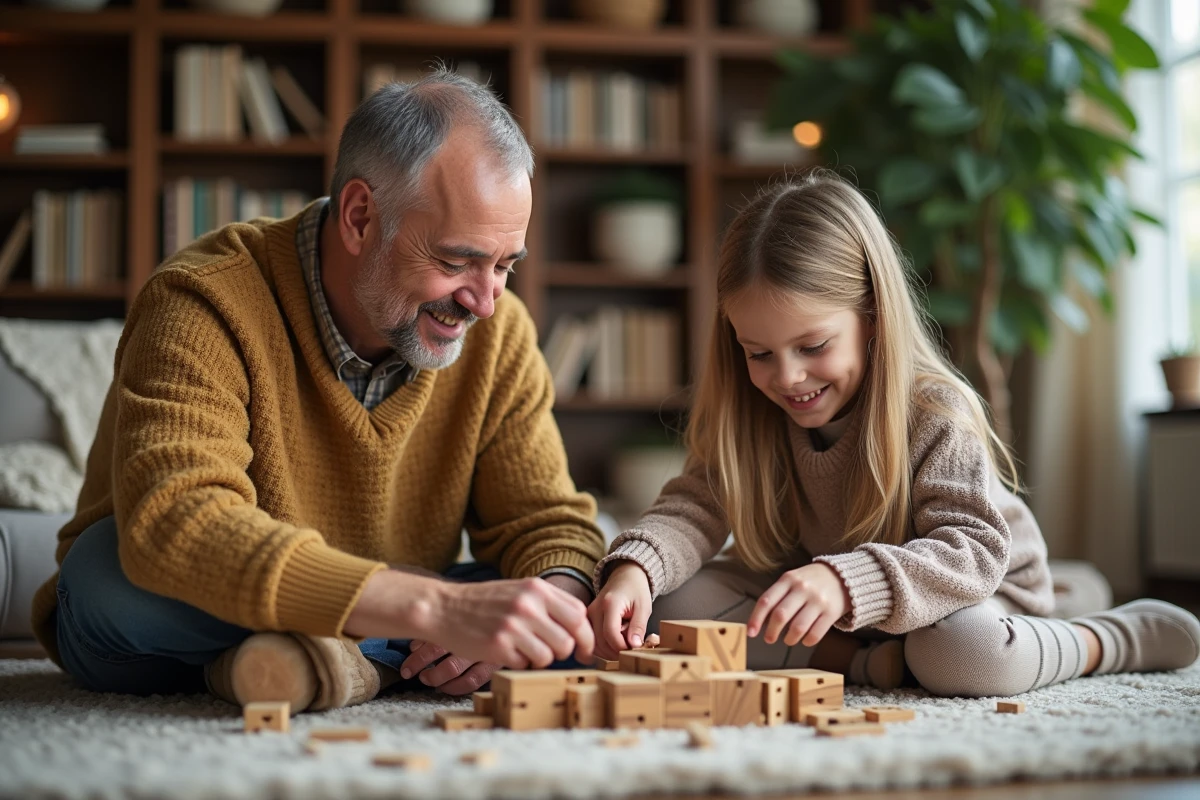 Père et fille assemblant un puzzle en famille dans le salon