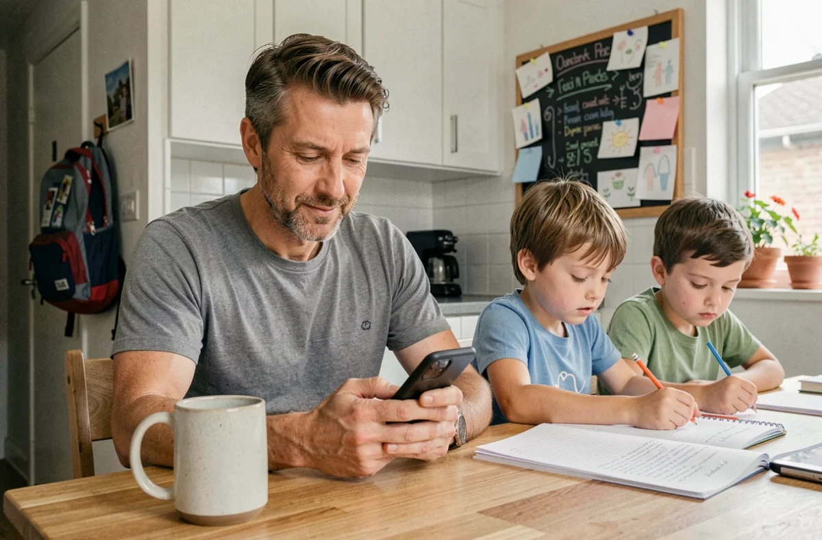 Père de famille nombreuse consultant un forum de soutien parental sur son smartphone à la cuisine
