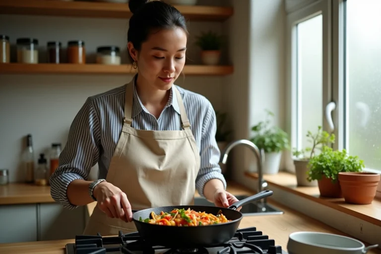 Femme préparant un sauté de légumes colorés dans une poêle en fonte dans une cuisine chaleureuse