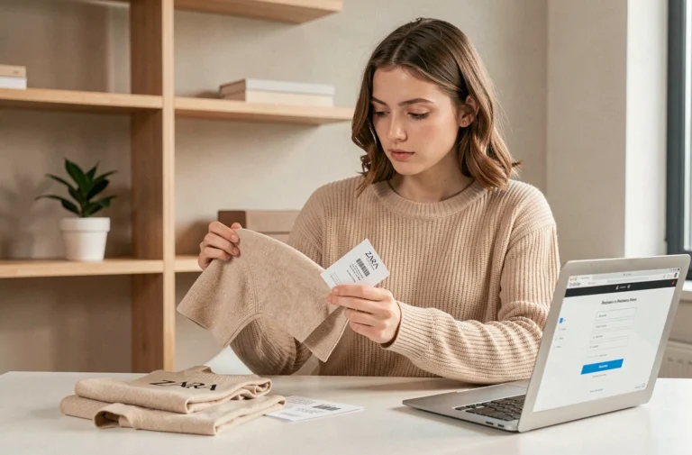 Jeune femme effectuant un retour de commande Zara en ligne depuis son bureau à domicile avec un vêtement plié et un bon de retour