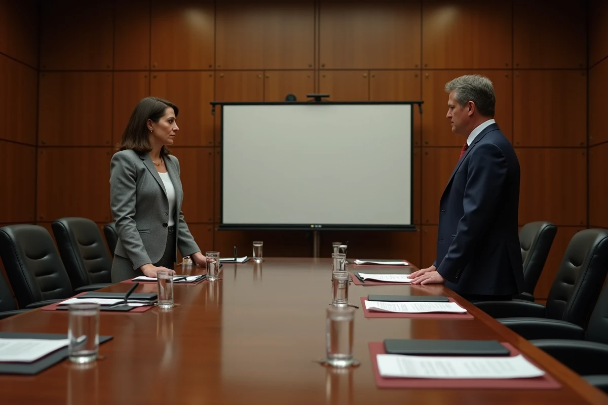 Deux conseillers politiques de part et d'autre d'une table de conférence dans une salle institutionnelle, contexte de réunion politique française