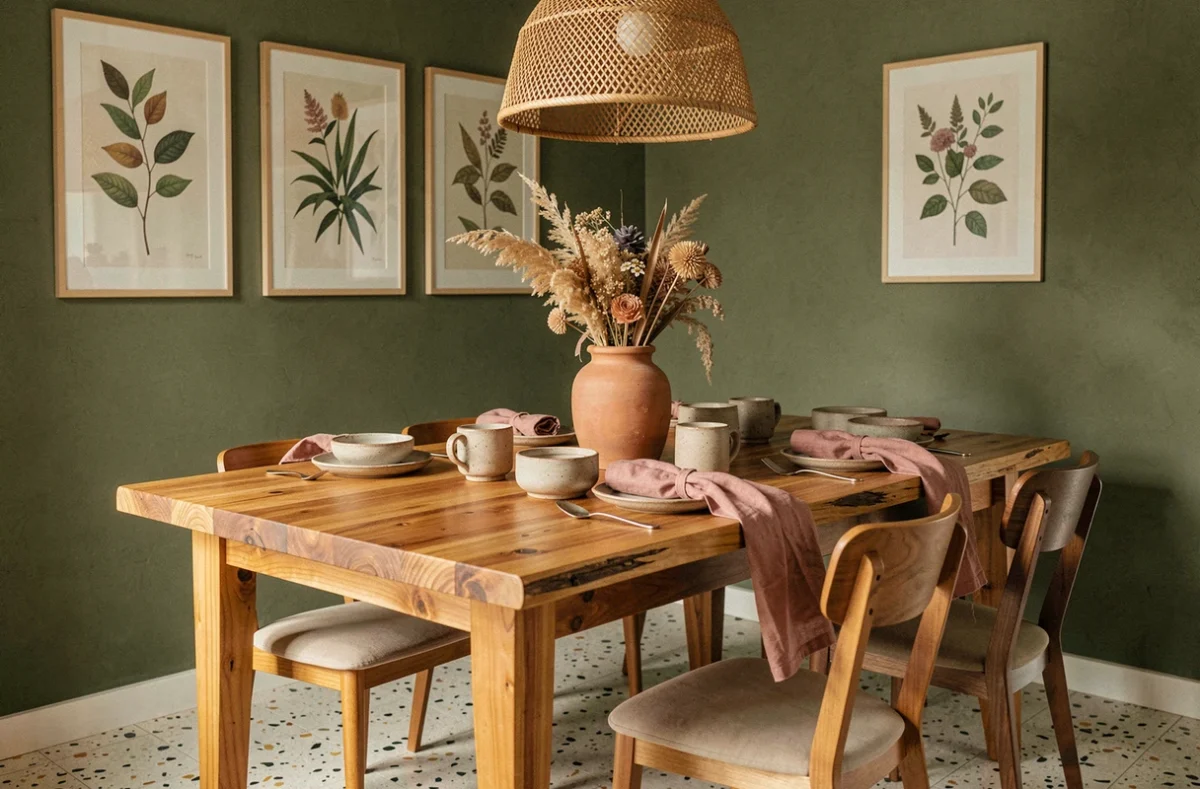 Salle à manger tendance décorée avec des accessoires achetés en ligne, vaisselle artisanale et centre de table en botaniques séchés