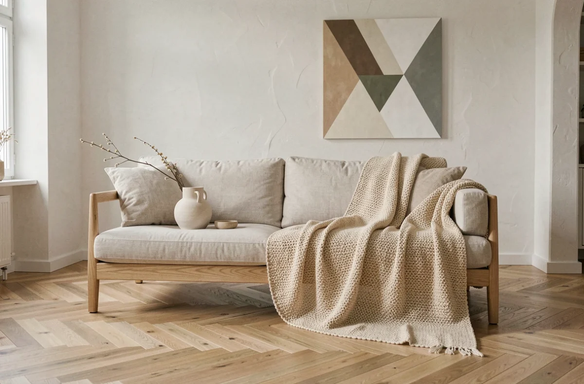 Salon scandinave moderne décoré avec des pièces choisies en ligne, vase céramique et jeté en coton sur canapé en chêne clair