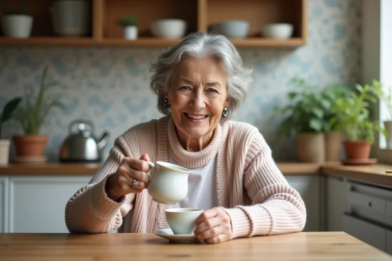 Femme agee souriante versant du thé dans une tasse en céramique