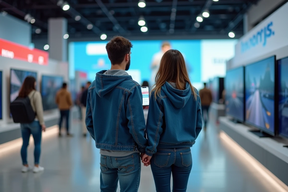 Couple consultant une simulation de paiement en 10 fois sans frais sur smartphone dans un magasin d'électroménager