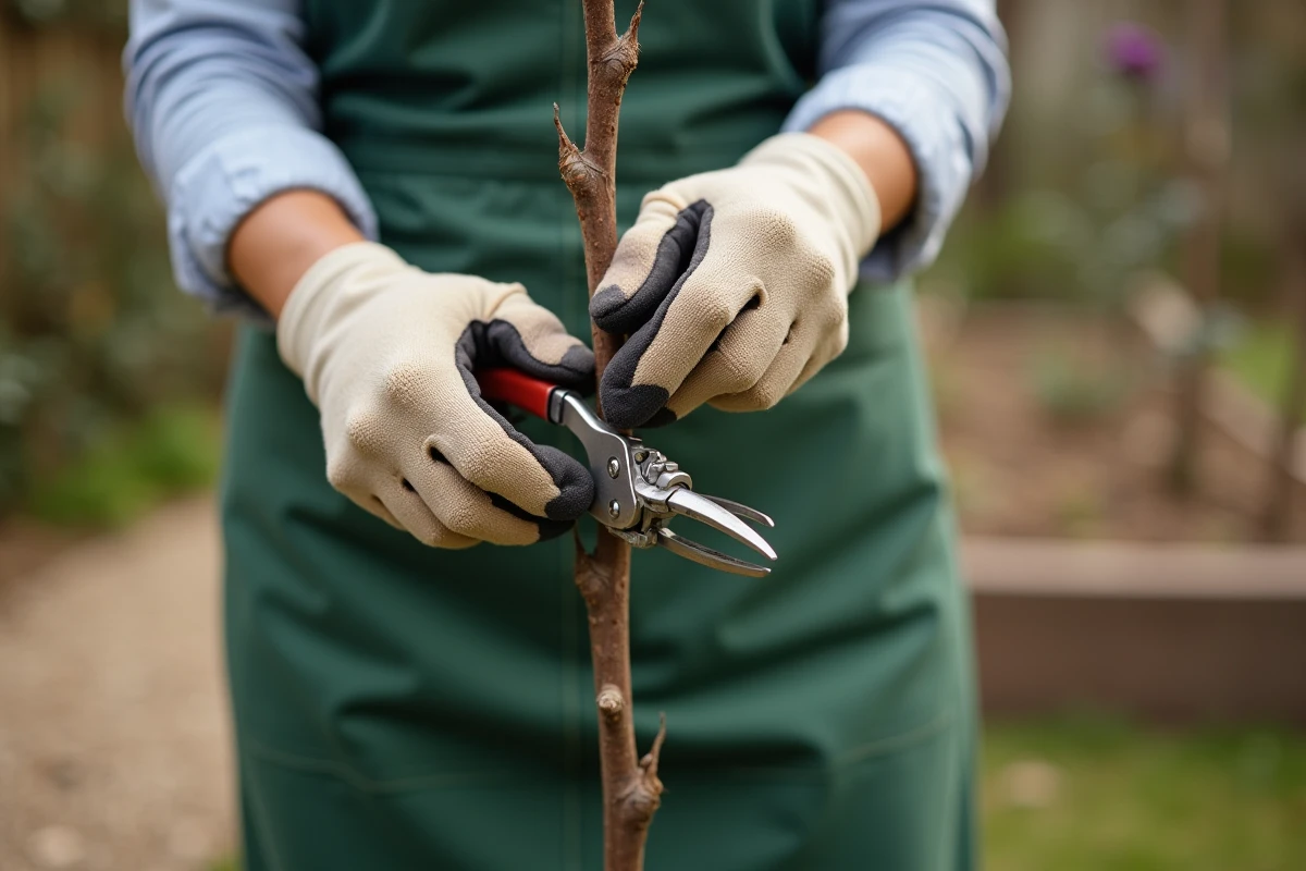 Jardinière expérimentée taillant un rosier en coupant juste au-dessus d'un œil de rosier avec un sécateur propre dans un jardin en hiver