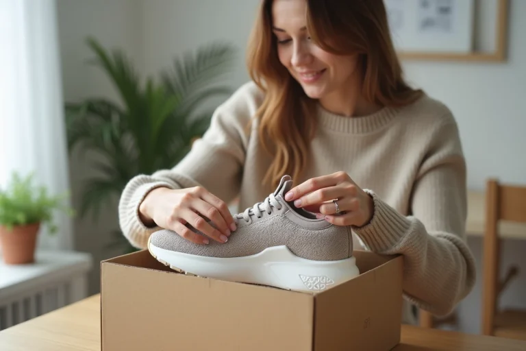 Femme examinant l'étiquette d'une sneaker reçue dans un colis Zalando pour vérifier son authenticité