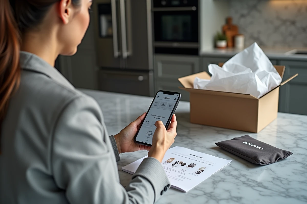 Femme vérifiant l'authenticité d'un produit Zalando en comparant l'application et un guide officiel de la marque