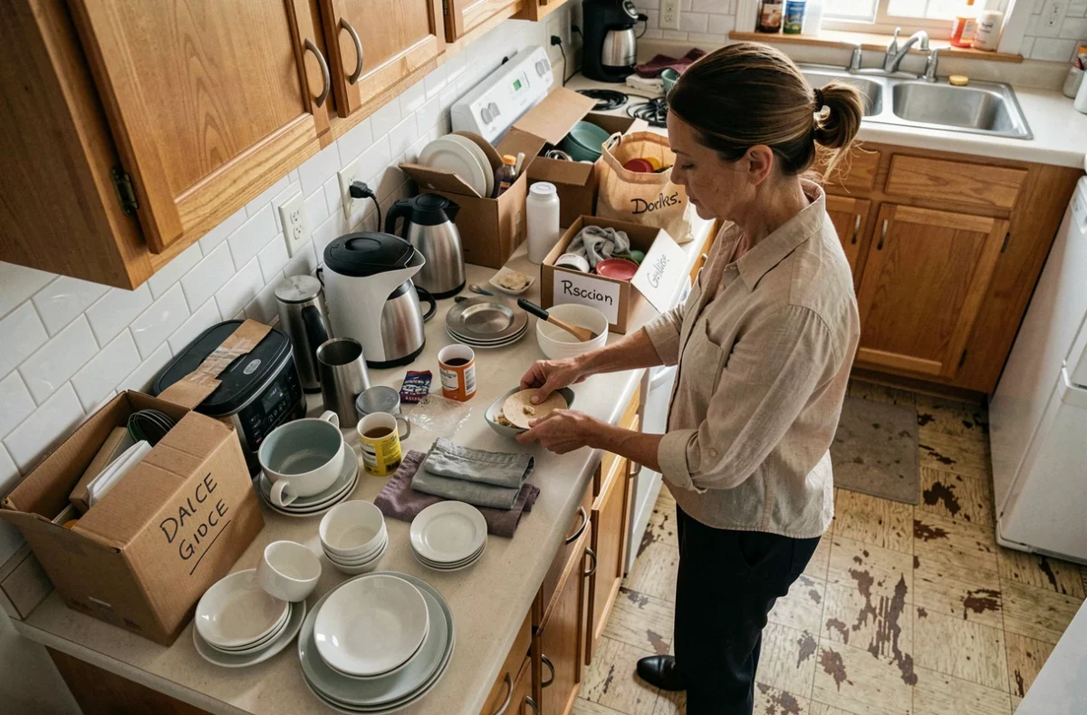 Femme triant des objets ménagers dans une cuisine lors du débarras et vidage rapide d'un appartement