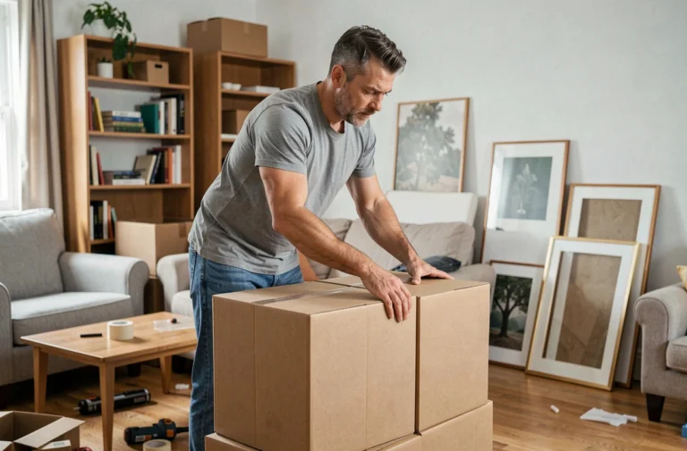 Homme en train d'empiler des cartons de déménagement dans un salon encombré lors du vidage d'un logement