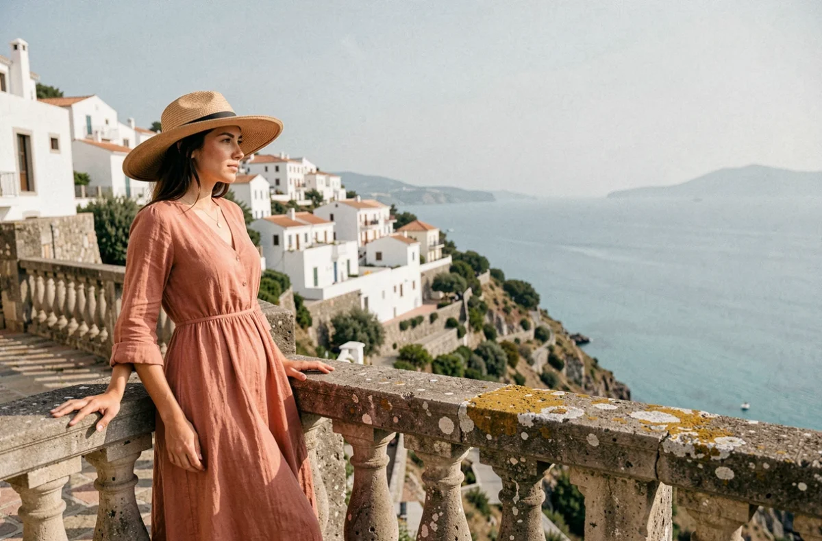 Femme en robe de lin contemplant un village méditerranéen depuis une terrasse en pierre avec vue sur mer turquoise