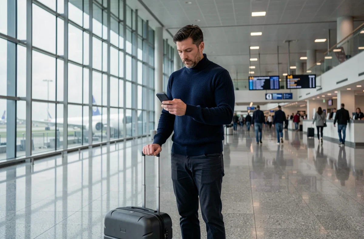 Homme vérifiant son application de voyage dans un terminal d'aéroport moderne avec une valise à roulettes