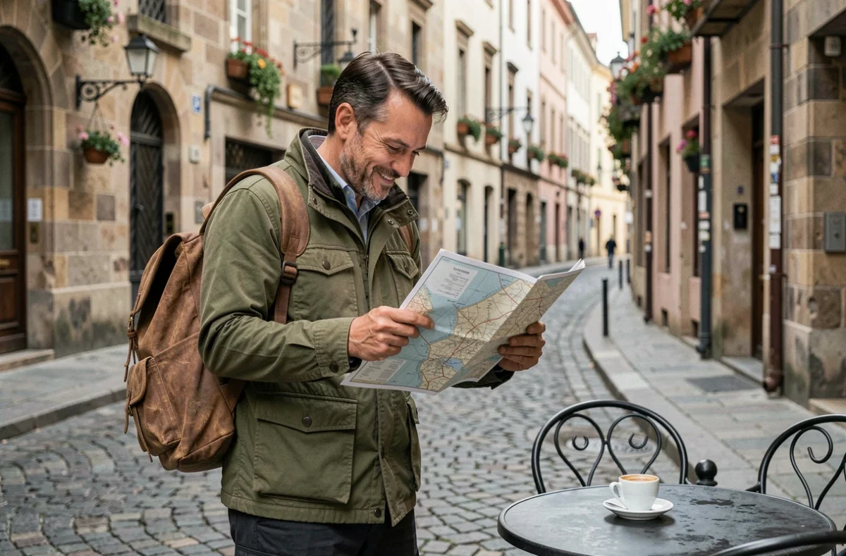 Voyageur consultant une carte papier dans une ruelle pavée d'une ville historique européenne avec façades en pierre ancienne