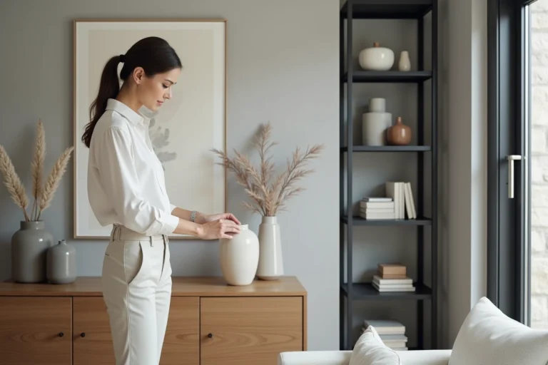 Femme élégante arrangeant un vase dans un salon moderne